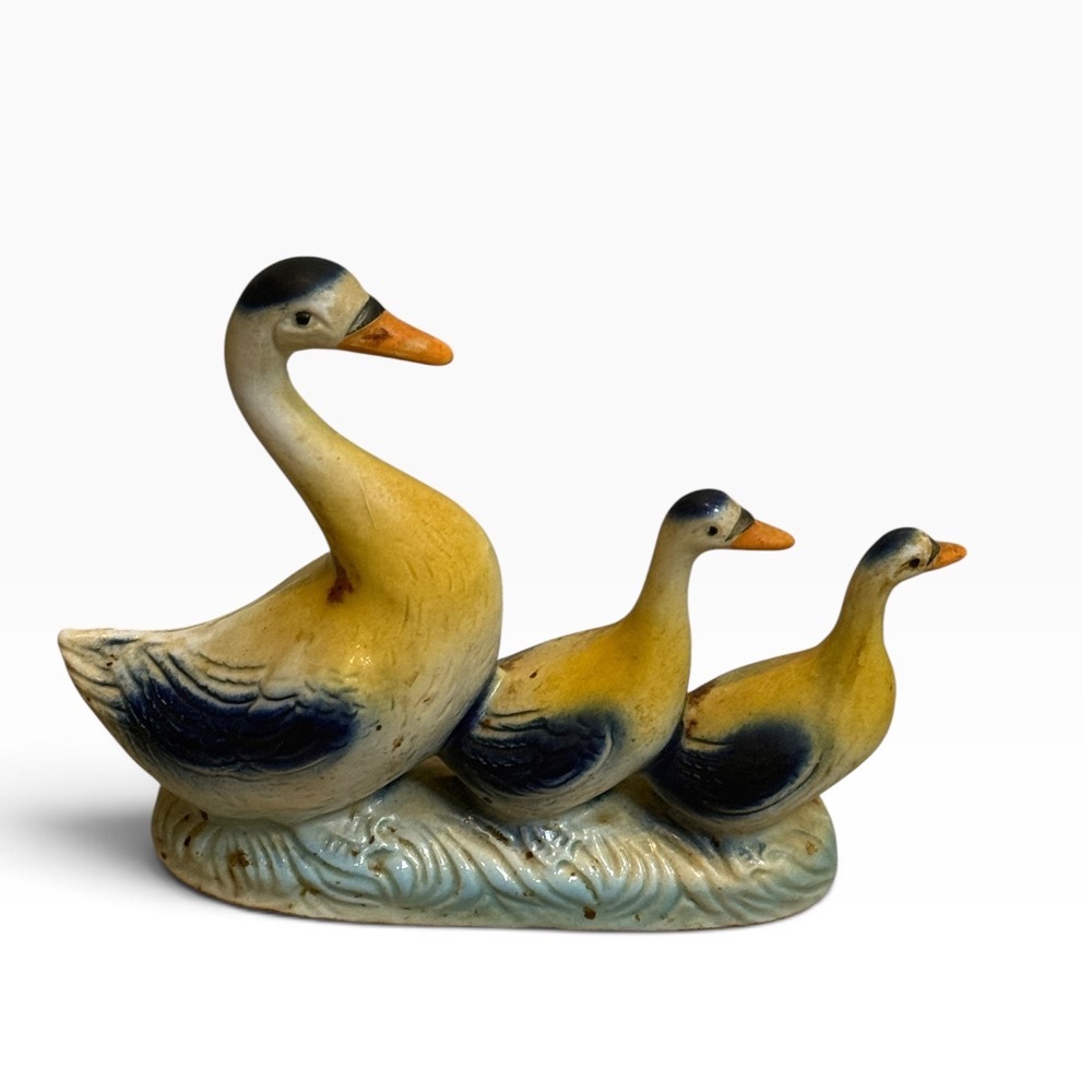 Vintage Ceramic Goose Duck Family Figurine Yellow Blue Farmhouse Decor 6 inch